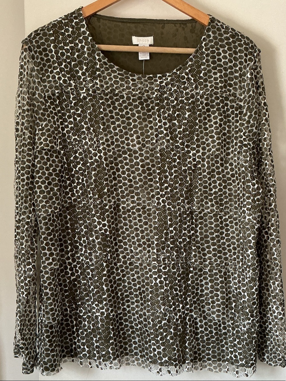 Chico's Olive Green Dot Lace Long-Sleeve Top
